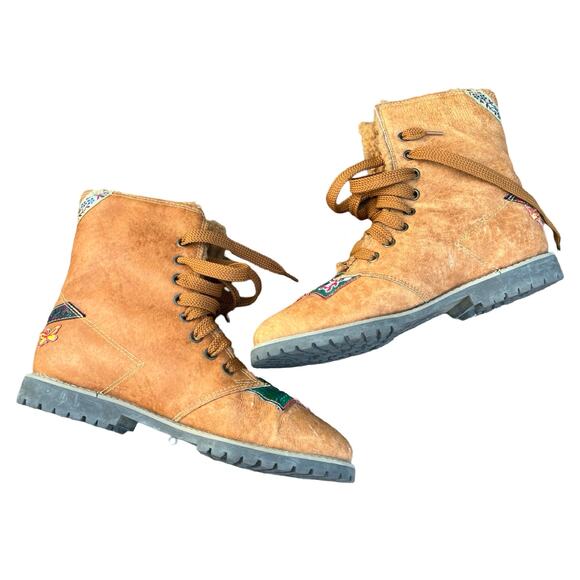 I Love Ecology Sherpa Lined Tan Brown Green Patches Combat Lace Up Boots sz 7.5 - Picture 3 of 8